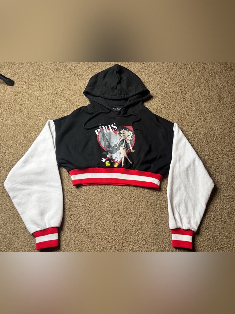 Betty Boop Black & White Cropped Hoodie with Red Trim